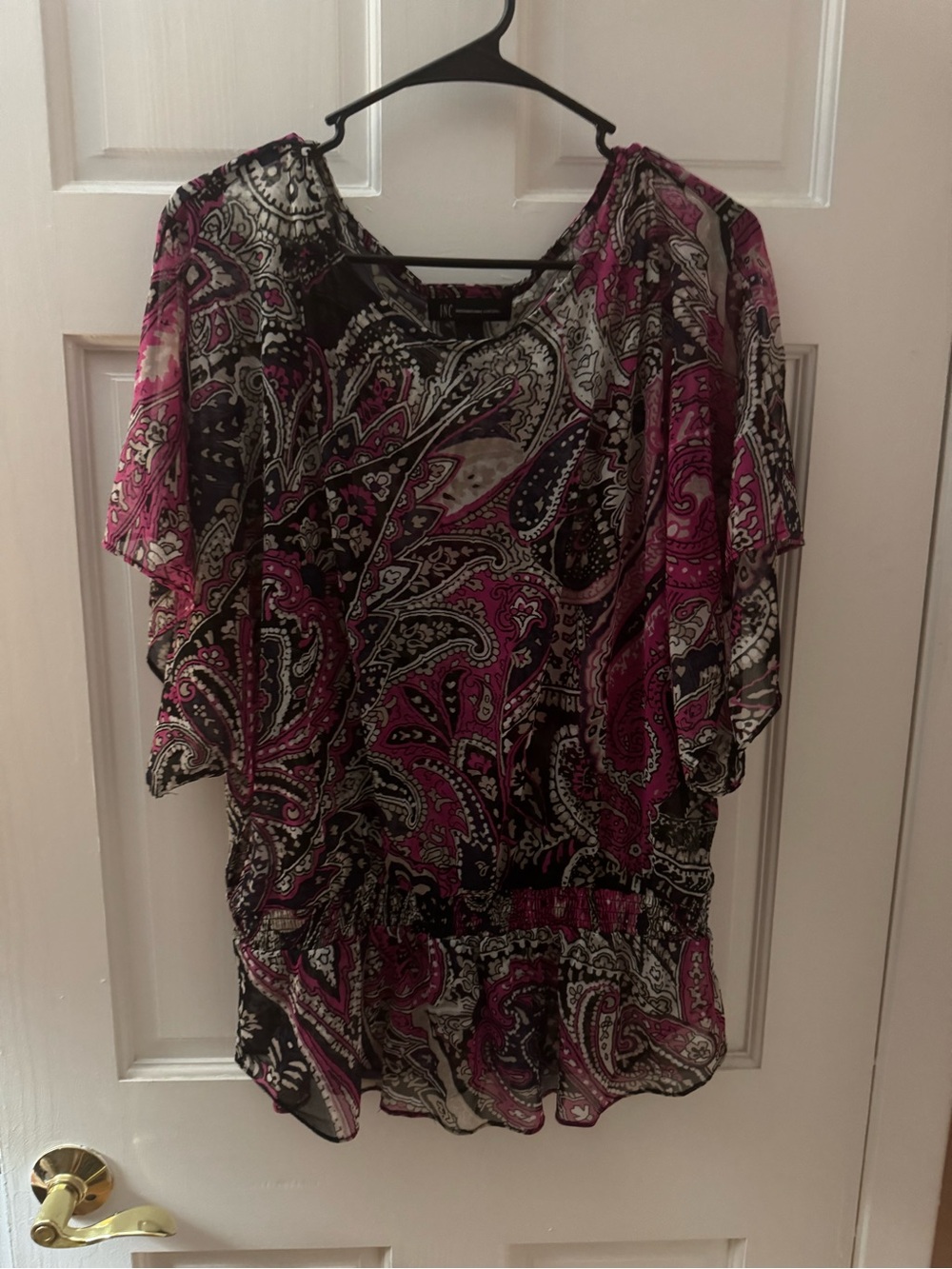 INC International Concepts Paisley Flutter Sleeve Blouse - Pink and Black